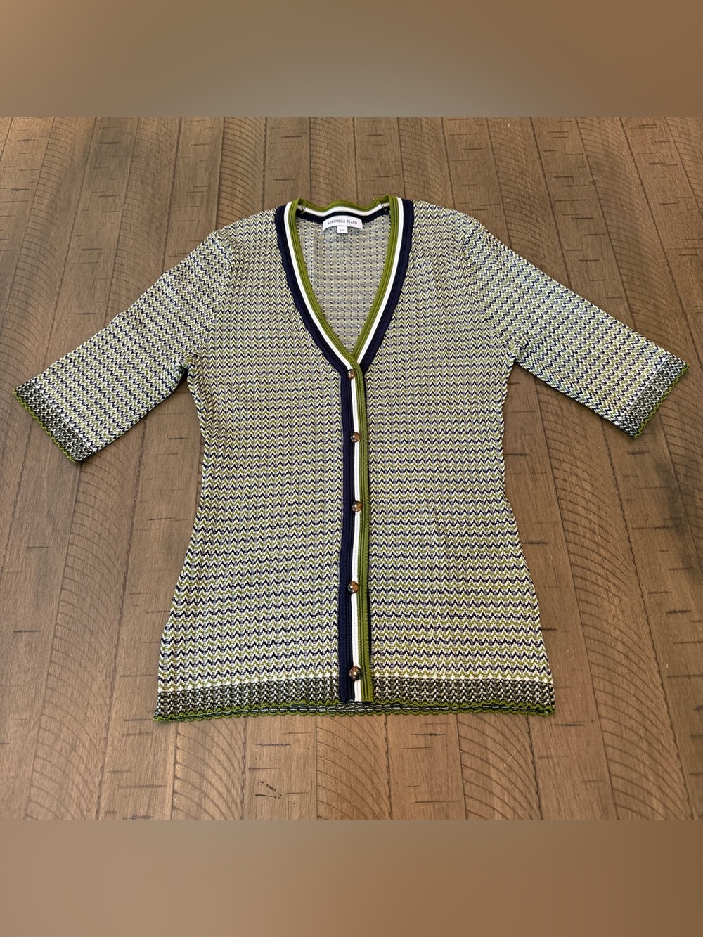 Veronica Beard Classic Calliope Green Navy Striped V-Neck Button up Knit NWOT